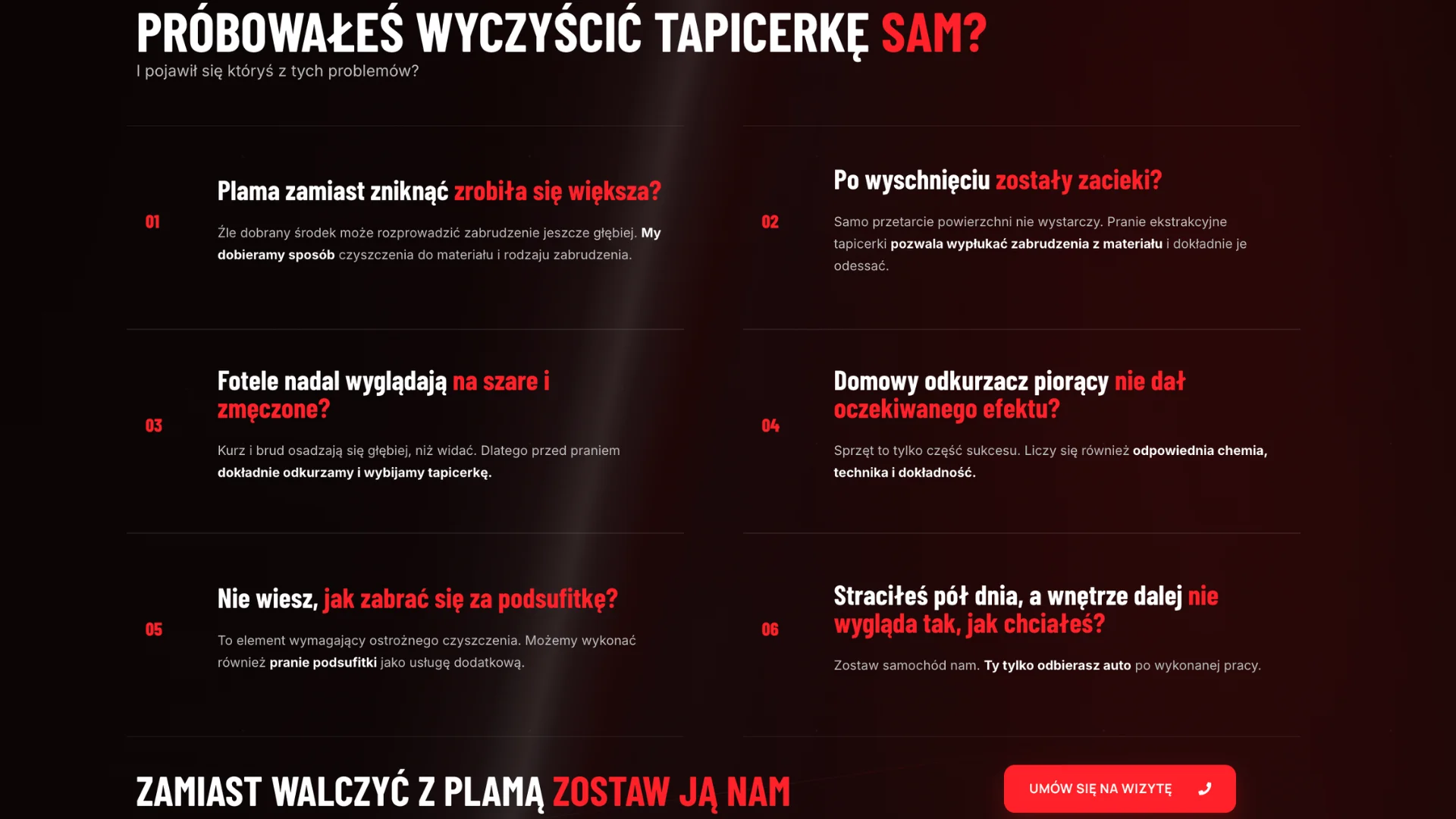 Sekcja problem i rozwiązanie na stronie auto detailingu