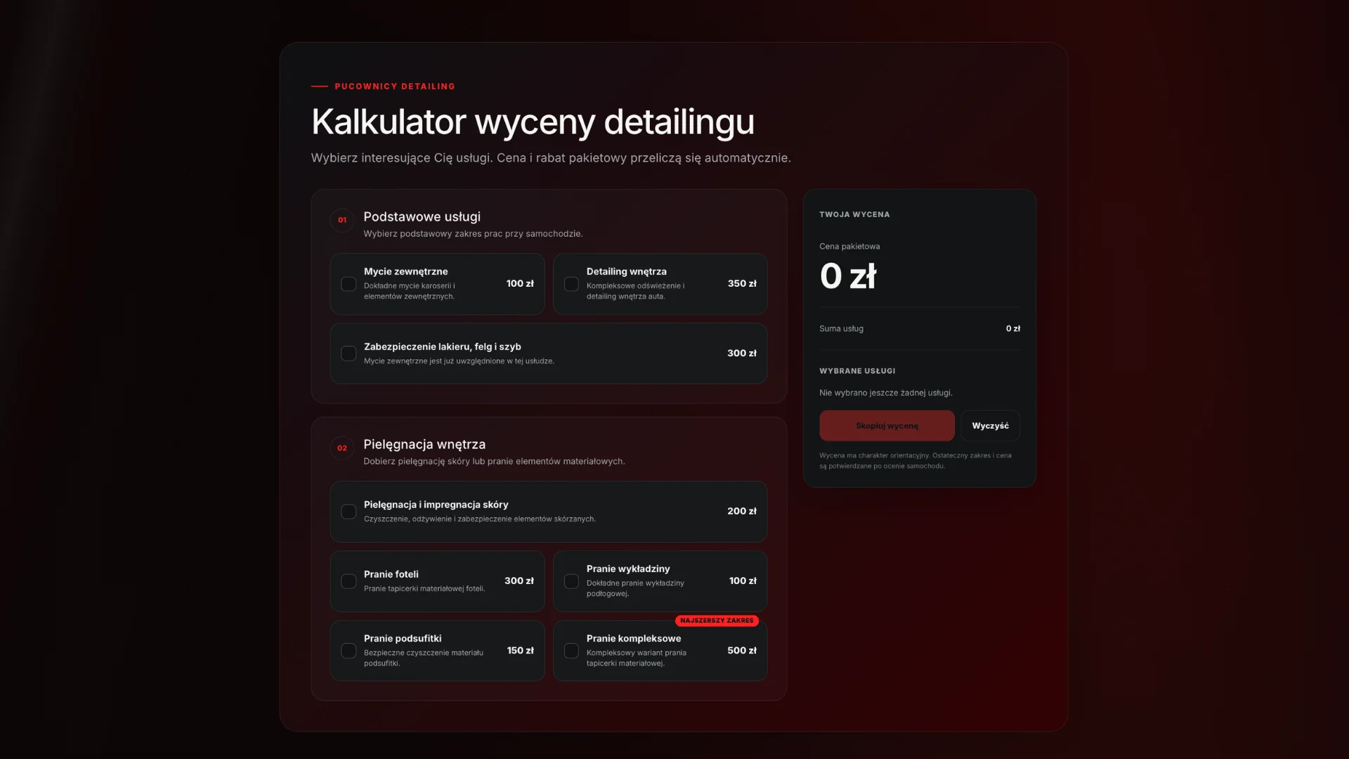 Kalkulator wyceny na stronie internetowej studia detailingowego