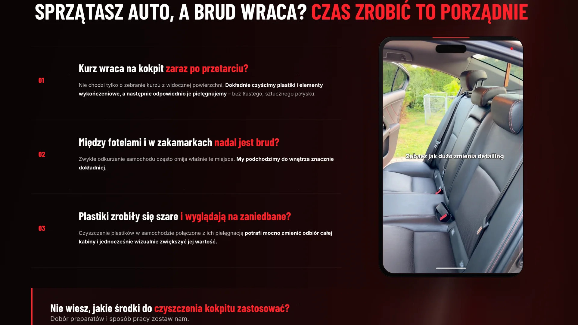 Film pokazujący efekt detailingu wnętrza